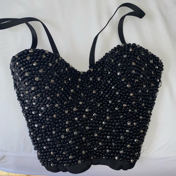 San Joy Tops - Sequined pearl corset crop top